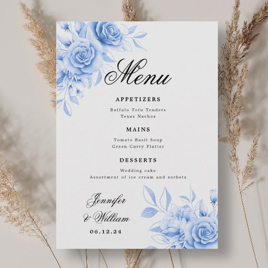 Elegant Script Romantische bruiloft Navy Bloemen Menu