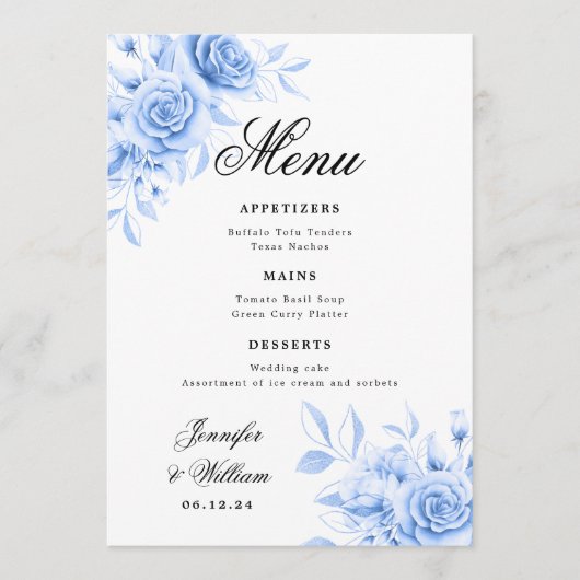 Elegant Script Romantische bruiloft Navy Bloemen Menu (Voorkant)