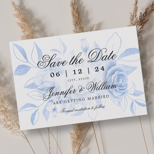 Elegant Script Romantische bruiloft Navy Bloemen Save The Date