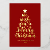 Elegant script Rood Goud Echte Folie Vrolijk Kerst Folie Feestdagenkaart (Voorkant)