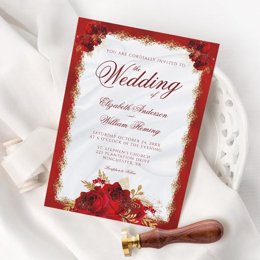 Elegant Script Rood Goud Rozen Bloemenbruiloft Kaart