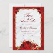 Elegant Script Rood Goud Rozen Bloemenbruiloft Save The Date (Voorkant)