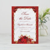 Elegant Script Rood Goud Rozen Bloemenbruiloft Save The Date (Staand voorkant)