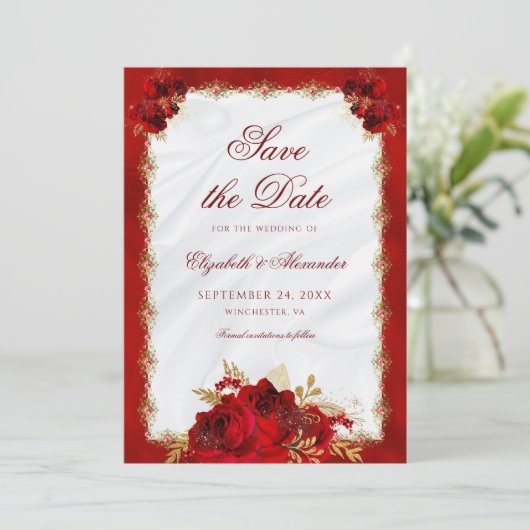 Elegant Script Rood Goud Rozen Bloemenbruiloft Save The Date (Staand voorkant)