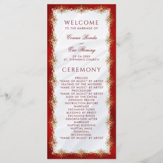 Elegant Script rood wit goud filigraan bruiloft Programmakaart (Voorkant)