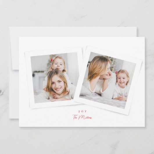 Elegant script rood & wit JOY kerst 3 foto Feestdagenkaart (Voorkant)