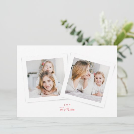 Elegant script rood & wit JOY kerst 3 foto Feestdagenkaart (Staand voorkant)