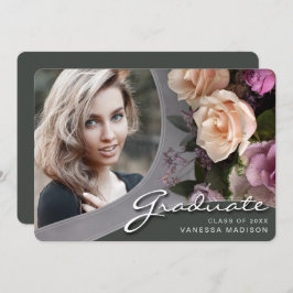 Elegant Script Roos Flowers | Modern Afstudeerder  Aankondiging