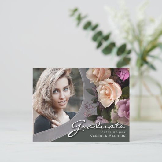 Elegant Script Roos Flowers | Modern Photo Afstude Briefkaart (Staand voorkant)