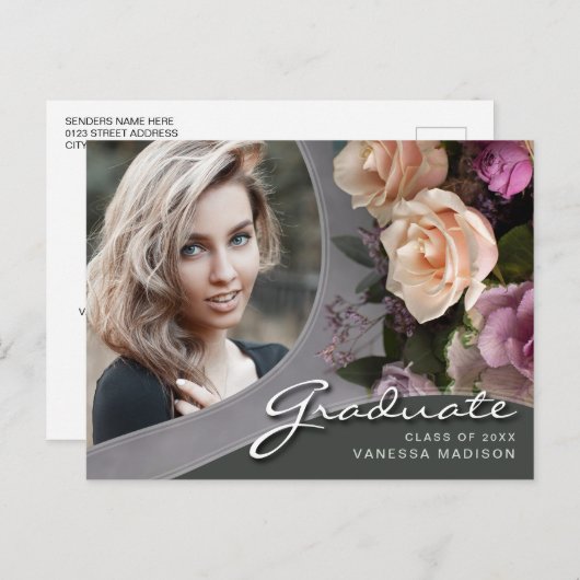 Elegant Script Roos Flowers | Modern Photo Afstude Briefkaart (Voorkant / Achterkant)