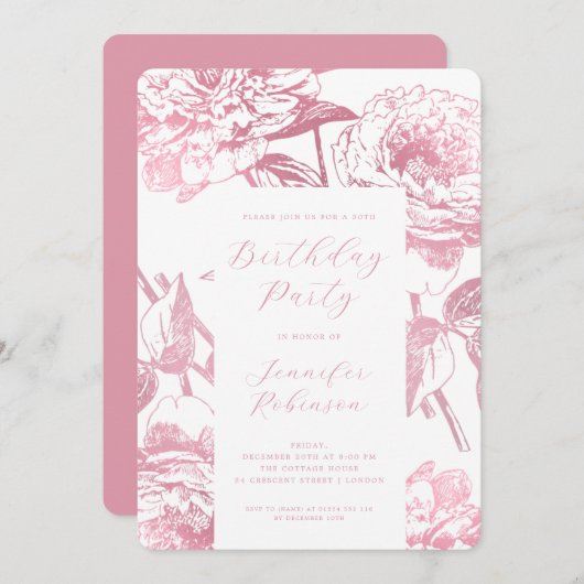 Elegant Script Roos Gold Floral Birthday Party Kaart (Voorkant / Achterkant)