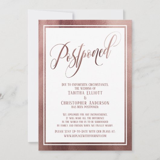 Elegant Script Roos Gold uitgestelde bruiloft Kaar Kaart (Voorkant)