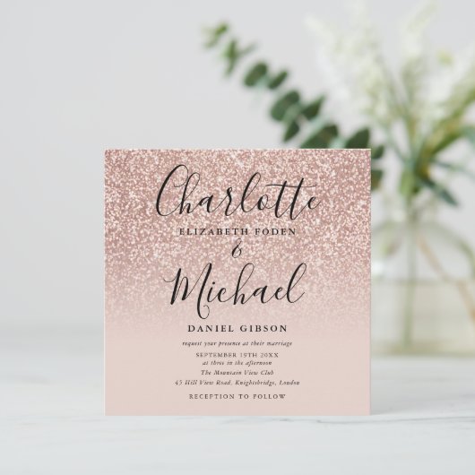 Elegant Script Roos Goud Glitter Trouwfoto Kaart (Staand voorkant)
