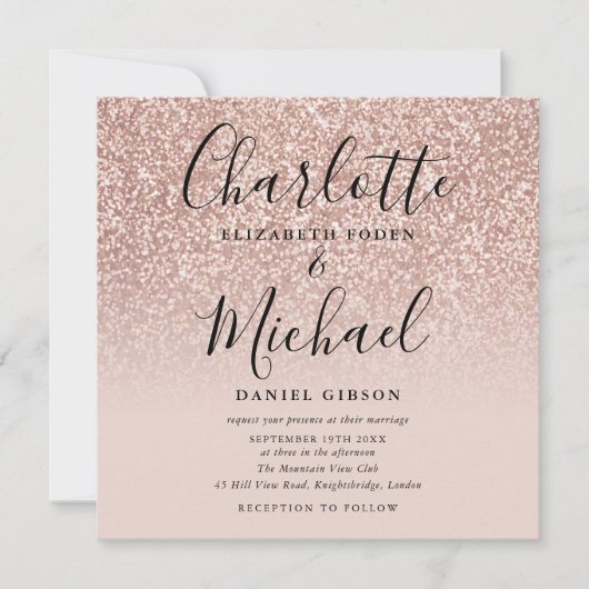 Elegant Script Roos Goud Glitter Trouwfoto Kaart (Voorkant)