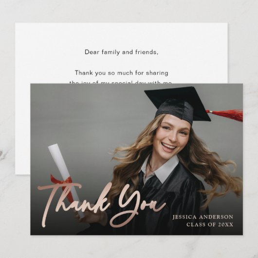 Elegant Script Roos Gouden Folie Foto Afstuderen Bedankkaart (Voorkant / Achterkant)