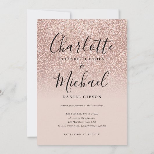 Elegant Script Roos Gouden Glitter Bruiloft Kaart (Voorkant)