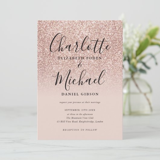 Elegant Script Roos Gouden Glitter Bruiloft Kaart (Staand voorkant)