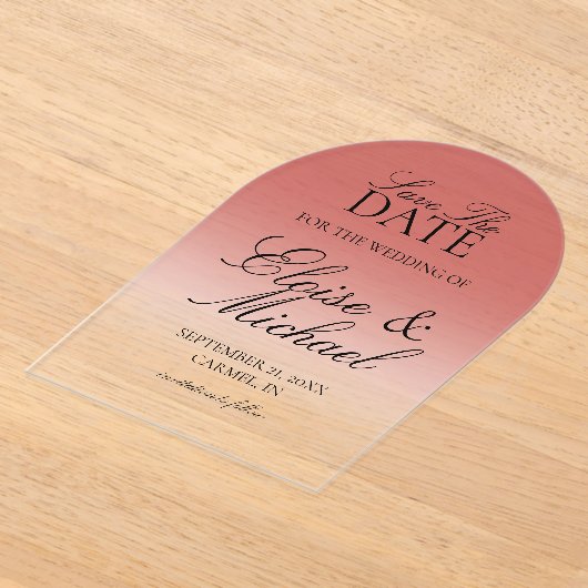 Elegant Script Roos Gradient Wedding Save the Date Acryl Uitnodigingen (Laagn)