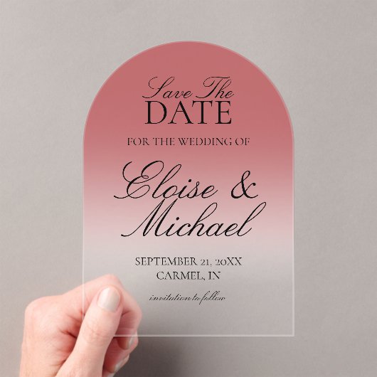 Elegant Script Roos Gradient Wedding Save the Date Acryl Uitnodigingen (Insitu (Draagbaar))