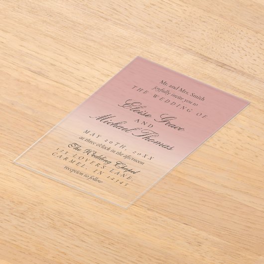 Elegant Script Roos Roze Gradient Wedding Acryl Uitnodigingen (Laagn)
