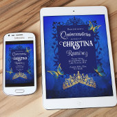 Elegant Script, Royal Blue Quinceanera, Gouden Tia Kaart