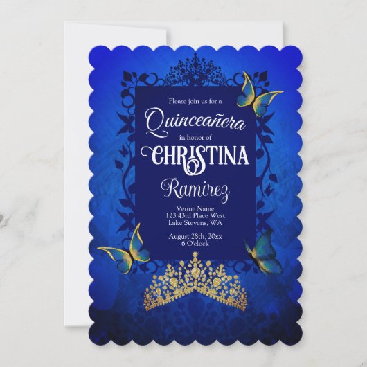 Elegant Script, Royal Blue Quinceanera, Gouden Tia Kaart (Voorkant)