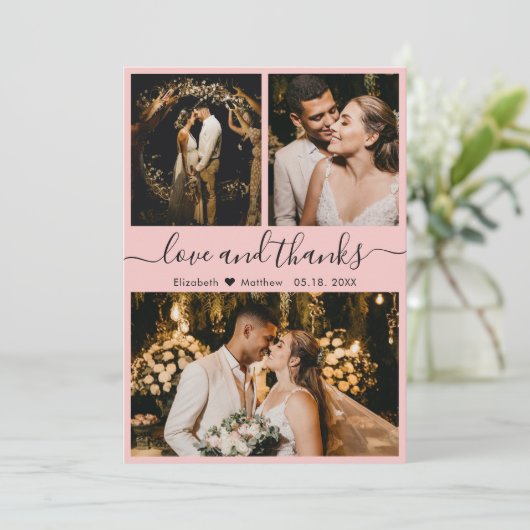 Elegant Script Roze 3 Foto Collage Weddenschap Bedankkaart (Staand voorkant)