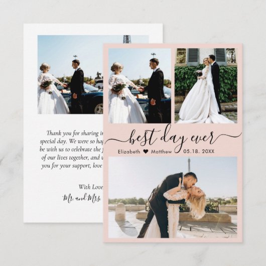 Elegant Script Roze 3 Foto Collage Weddenschap Bedankkaart (Voorkant / Achterkant)