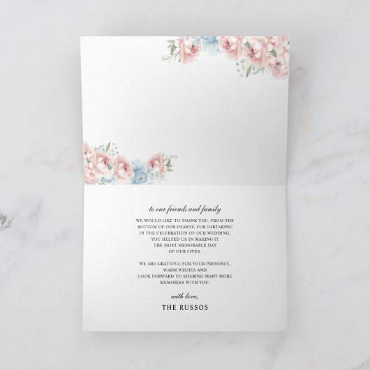 Elegant Script Roze Blush Bloemen Bruiloft Bedankkaart (Binnen)
