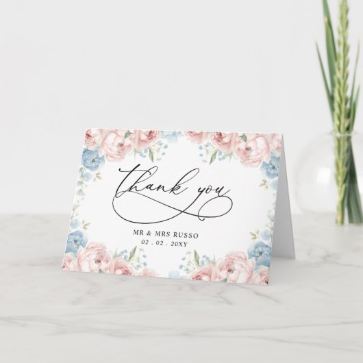 Elegant Script Roze Blush Bloemen Bruiloft Bedankkaart (Voorkant)
