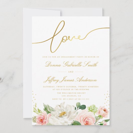 Elegant script roze blush bloemenverlovingsfeest kaart (Voorkant)