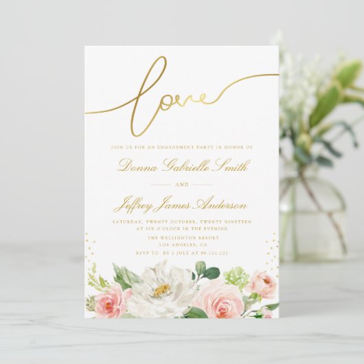 Elegant script roze blush bloemenverlovingsfeest kaart (Staand voorkant)
