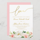 Elegant script roze blush bloemenverlovingsfeest kaart (Voorkant / Achterkant)