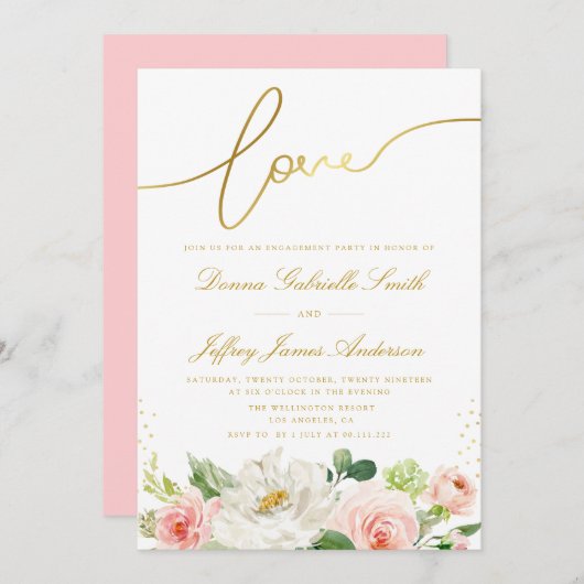 Elegant script roze blush bloemenverlovingsfeest kaart (Voorkant / Achterkant)