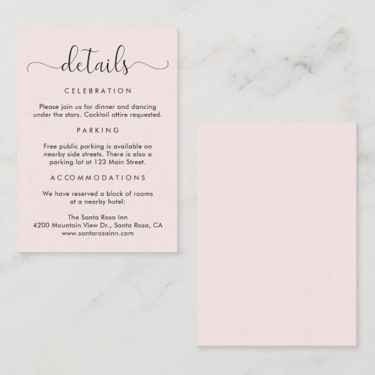 Elegant Script Roze bruiloft Details Informatiekaartje (Voorkant / Achterkant)