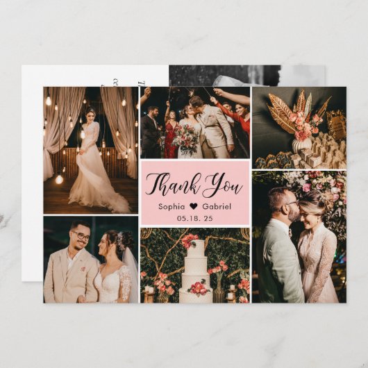 Elegant script roze bruiloft multi foto collage bedankkaart (Voorkant / Achterkant)