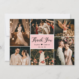 Elegant script roze bruiloft multi foto collage bedankkaart