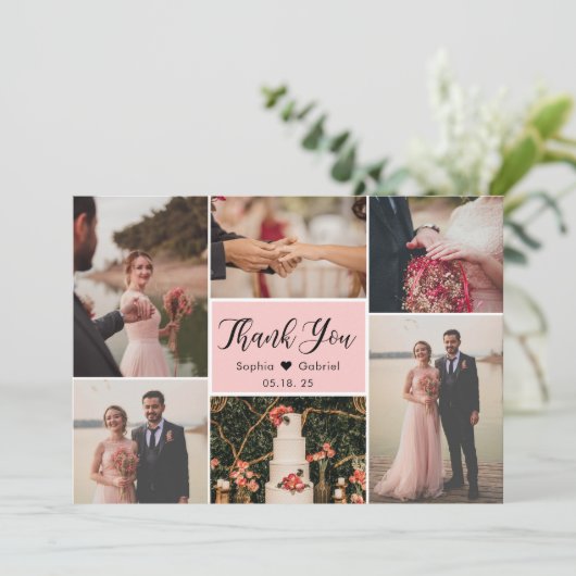 Elegant Script Roze bruiloft Multi Photo Collage T Bedankkaart (Staand voorkant)