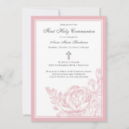 Elegant Script roze Floral First Heilige Communie Kaart