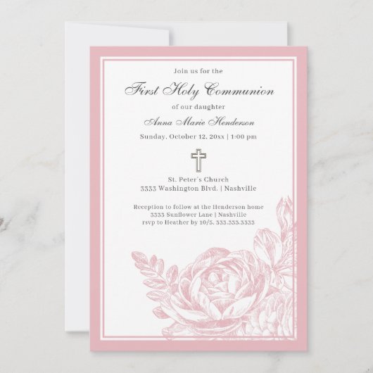Elegant Script roze Floral First Heilige Communie Kaart (Voorkant)