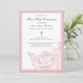 Elegant Script roze Floral First Heilige Communie Kaart (Staand voorkant)