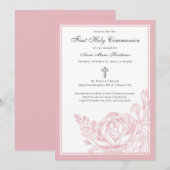 Elegant Script roze Floral First Heilige Communie Kaart (Voorkant / Achterkant)