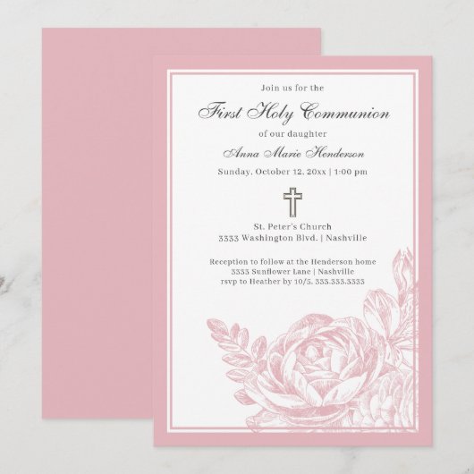 Elegant Script roze Floral First Heilige Communie Kaart (Voorkant / Achterkant)