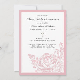 Elegant Script roze Floral First Heilige Communie Kaart