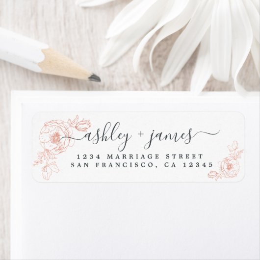 Elegant Script roze Floral Wedding Return Address Etiket (Insitu)