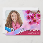 Elegant Script roze Flowers | Modern Photo Afstude Aankondiging (Voorkant)