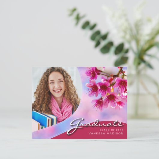 Elegant Script roze Flowers | Modern Photo Afstude Briefkaart (Staand voorkant)