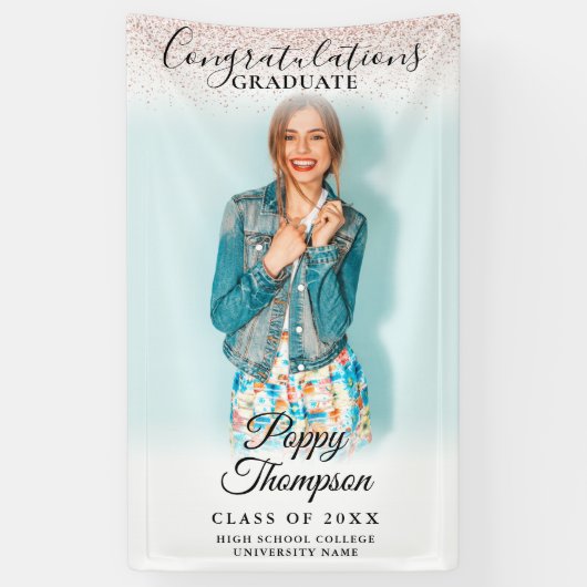 Elegant Script Roze Glitter Photo Afstuderen Spandoek (Verticaal)