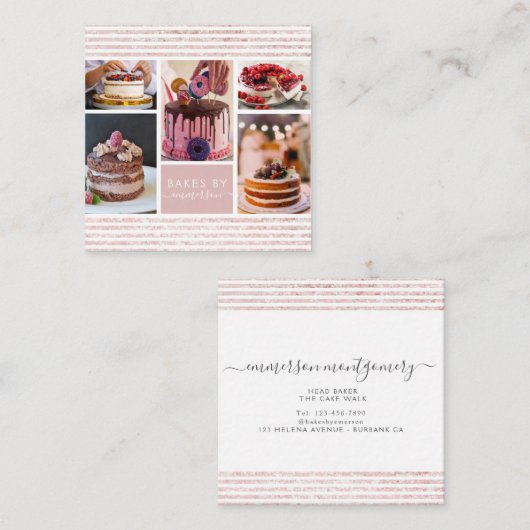 Elegant Script Roze Glitter Photo Collage Bakery Vierkante Visitekaartje (Voorkant / Achterkant)