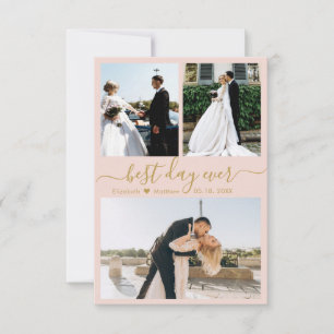 Elegant Script roze Gold 3 Photo Collage Weddensch Bedankkaart